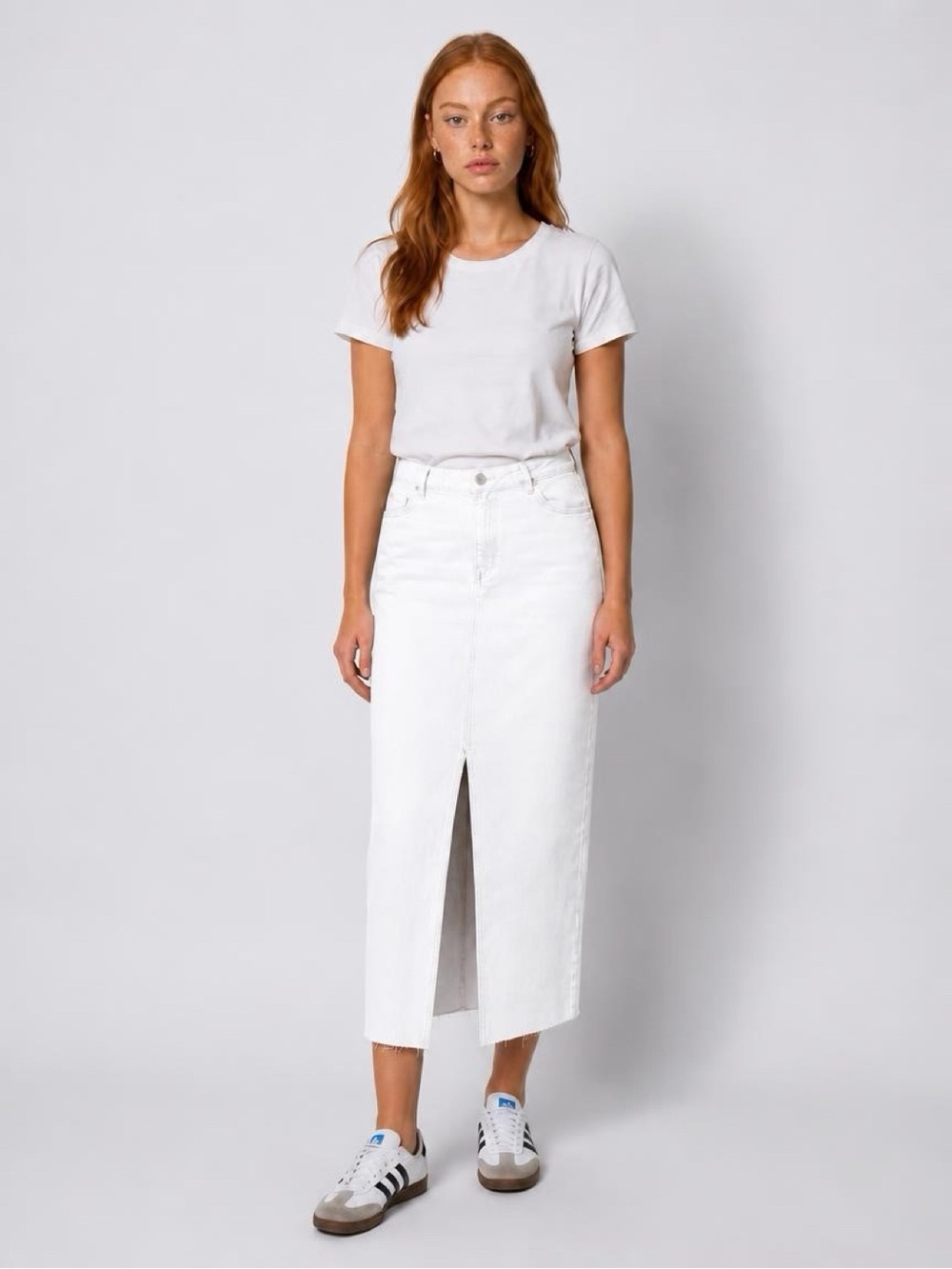 Classic High-Rise White Denim Midi Skirt with Front Slit